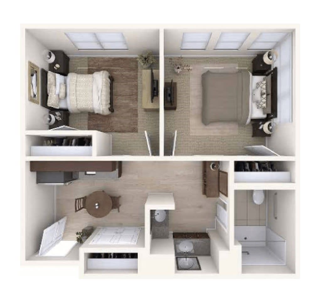 A 3D floor plan of a two-bedroom apartment featuring a living area, kitchen, and bathroom.