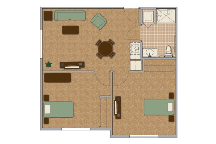 A floor plan of a two-bedroom apartment featuring a living room, kitchen, and bathroom.