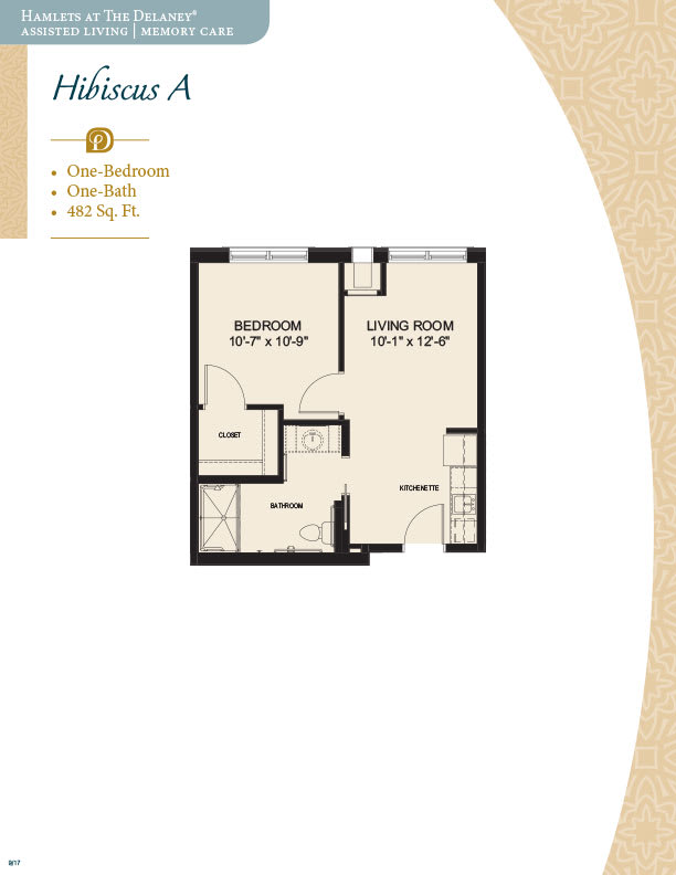 A one-bedroom apartment floor plan featuring a living area, bathroom, and kitchen.