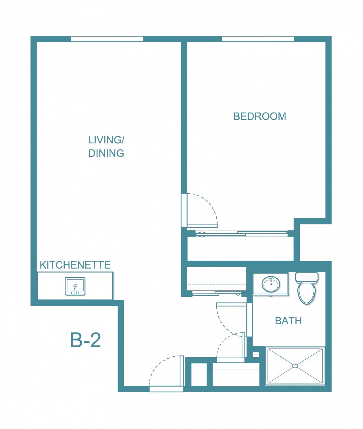 A floor plan of a one-bedroom apartment with a kitchenette, living and dining area, and bathroom.