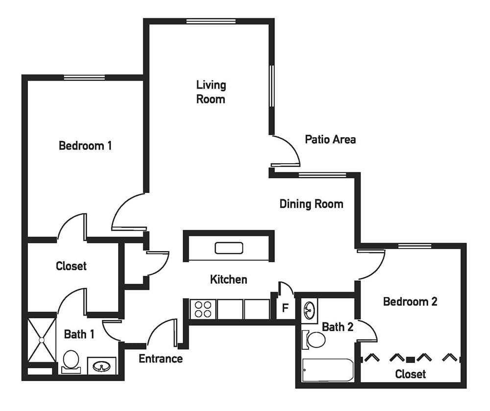 A floor plan of a two-bedroom apartment, featuring a living room, kitchen, dining room, and two bathrooms.