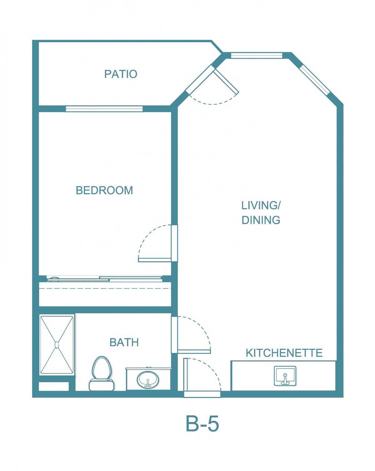 A simple apartment floor plan featuring a bedroom, living/dining area, kitchenette, and bathroom.