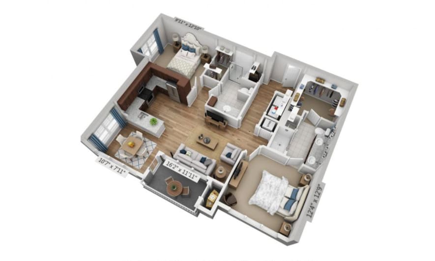 A 3D floor plan of a two-bedroom apartment featuring a living room, kitchen, and bathroom.