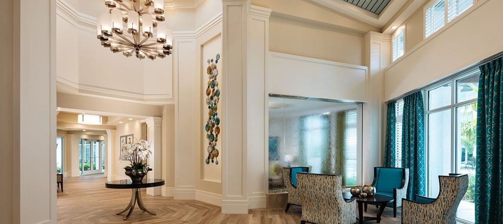 Elegant hotel lobby with sophisticated decor and artwork.