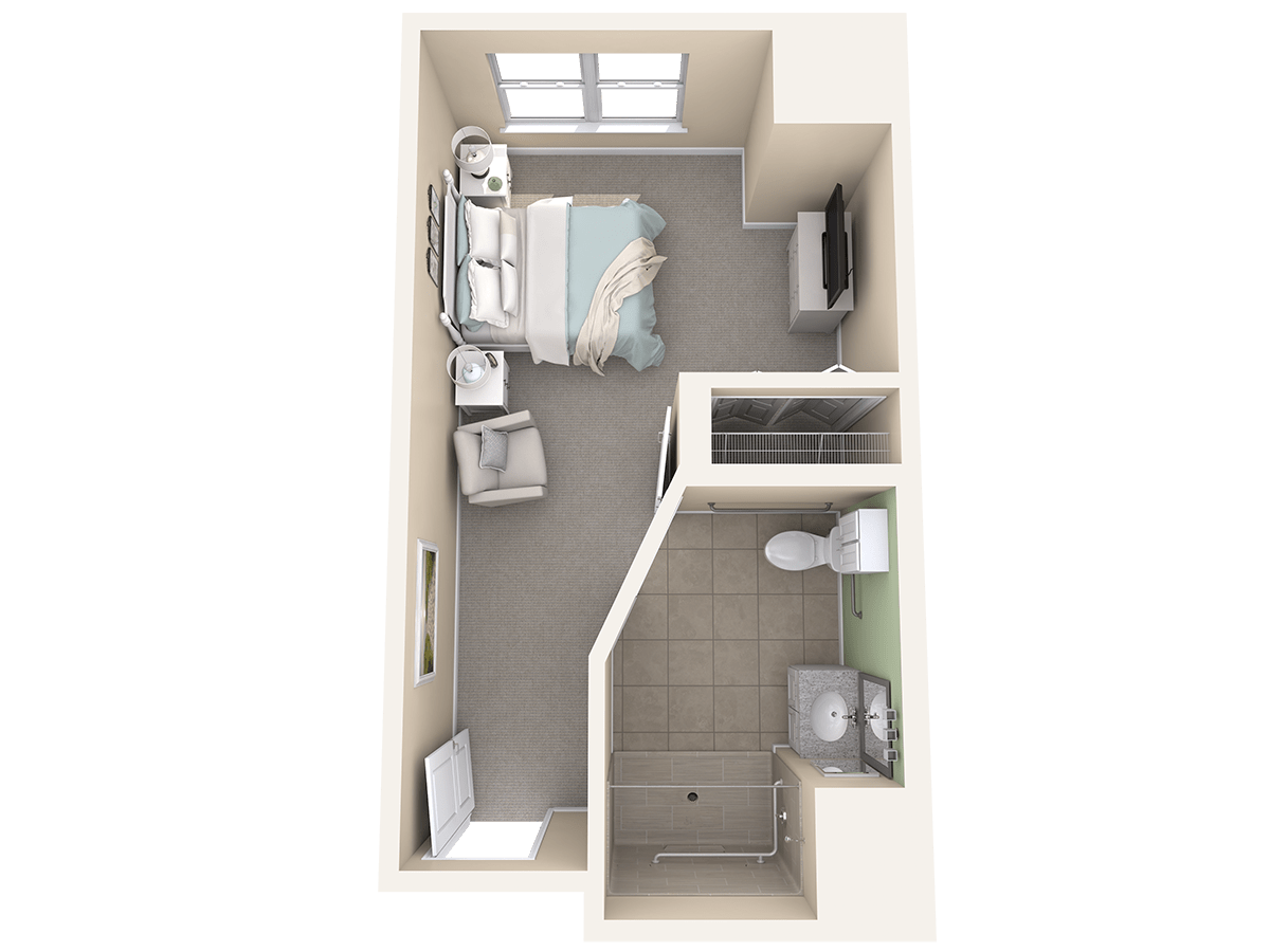 3D floor plan of a compact studio apartment with a bed, seating area, and bathroom.