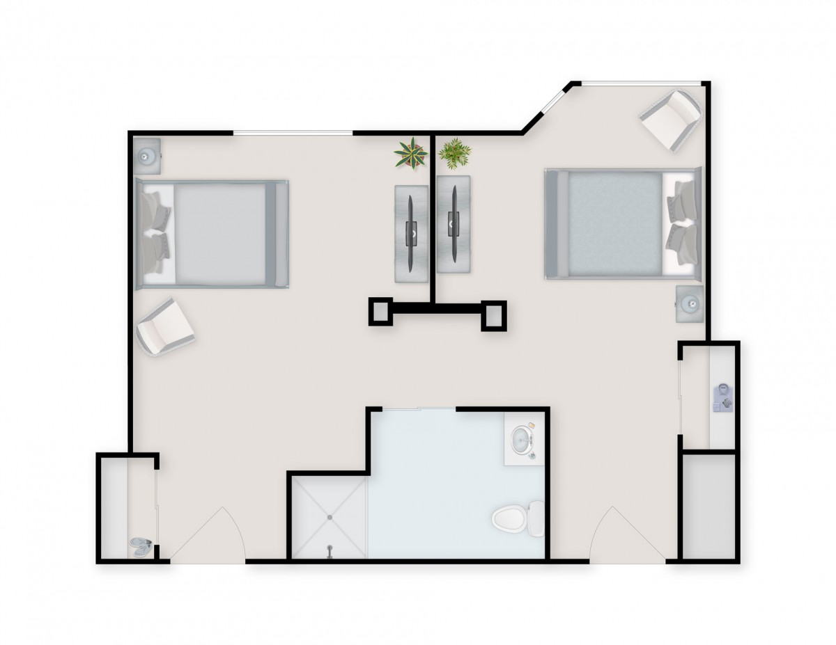 A floor plan layout showing two bedrooms with a shared bathroom.