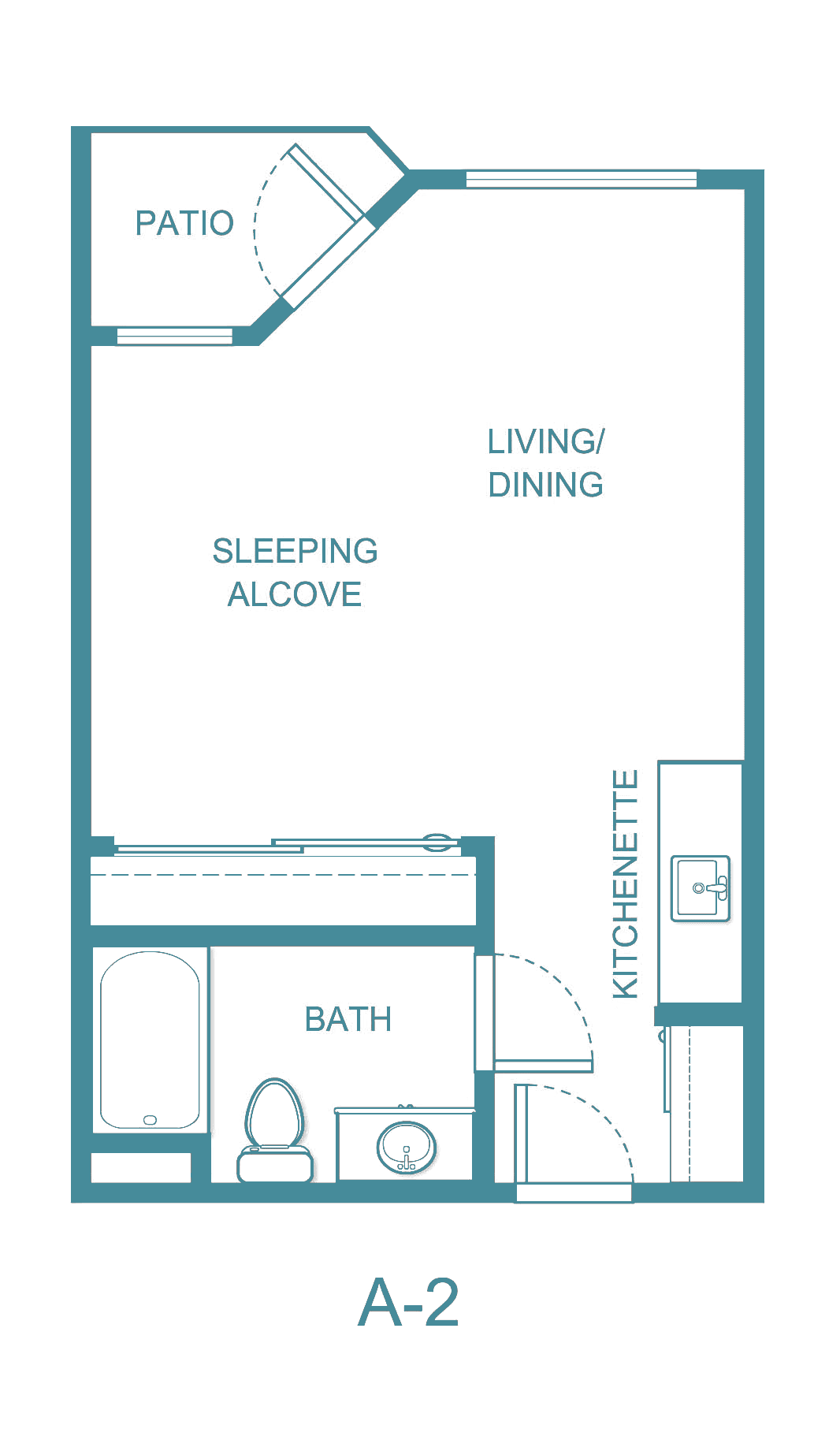 Studio apartment floor plan with a sleeping alcove, living/dining area, kitchenette, and bathroom.