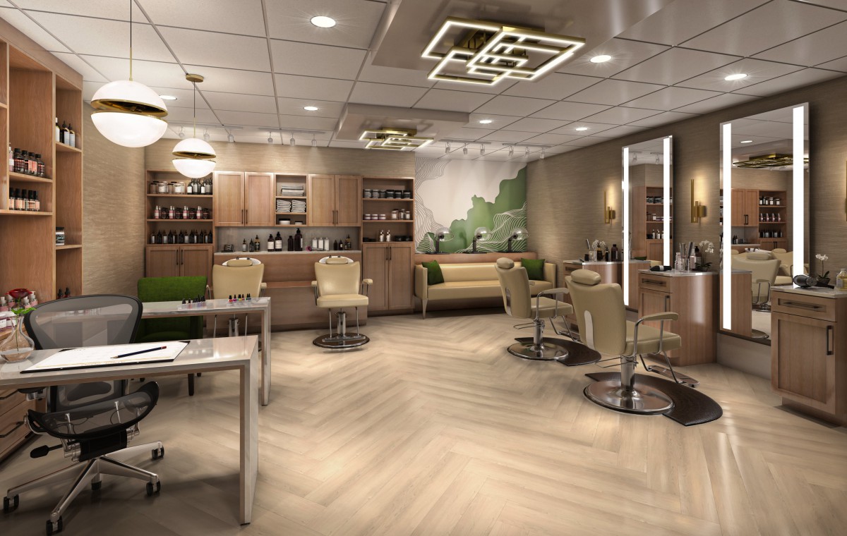 A modern and well-designed salon interior with comfortable chairs and stylish lighting.