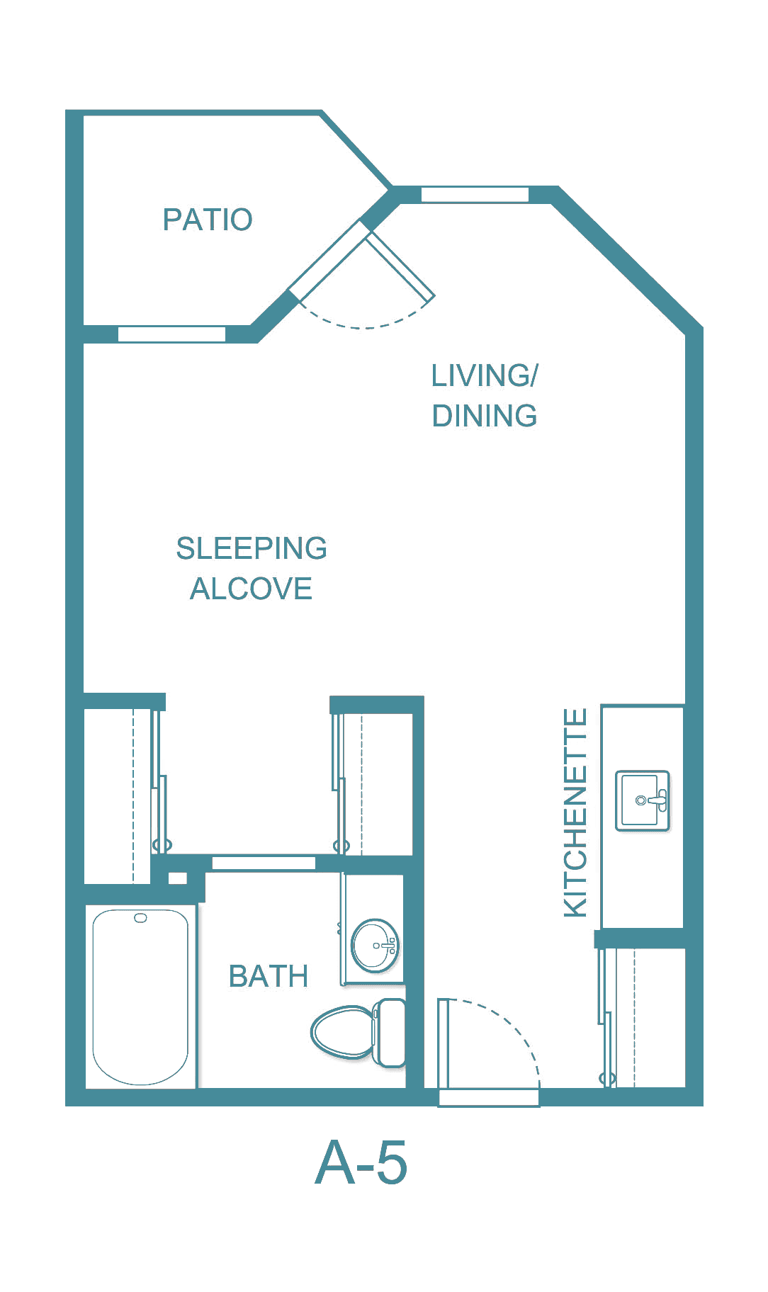 A floor plan of a studio apartment featuring a sleeping alcove, living/dining area, kitchenette, and bathroom.