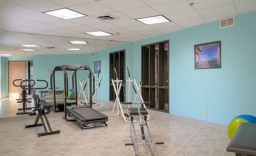 A bright gym with various exercise equipment including treadmills and ellipticals.