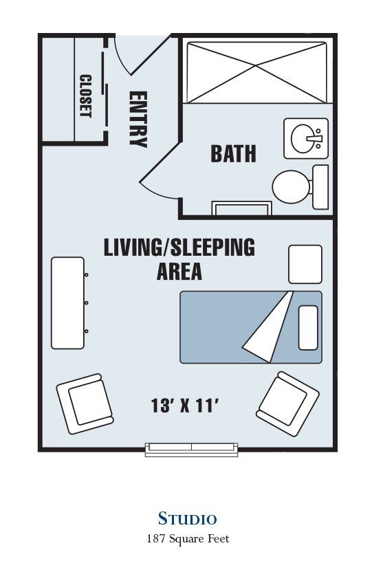 Studio apartment floor plan with a living/sleeping area and a bathroom.