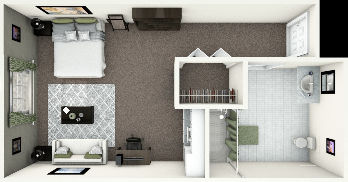 A top-down view of a bedroom floor plan with furniture arrangement.