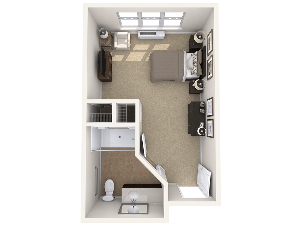 A 3D floor plan of a studio apartment featuring a bedroom, living area, and bathroom.