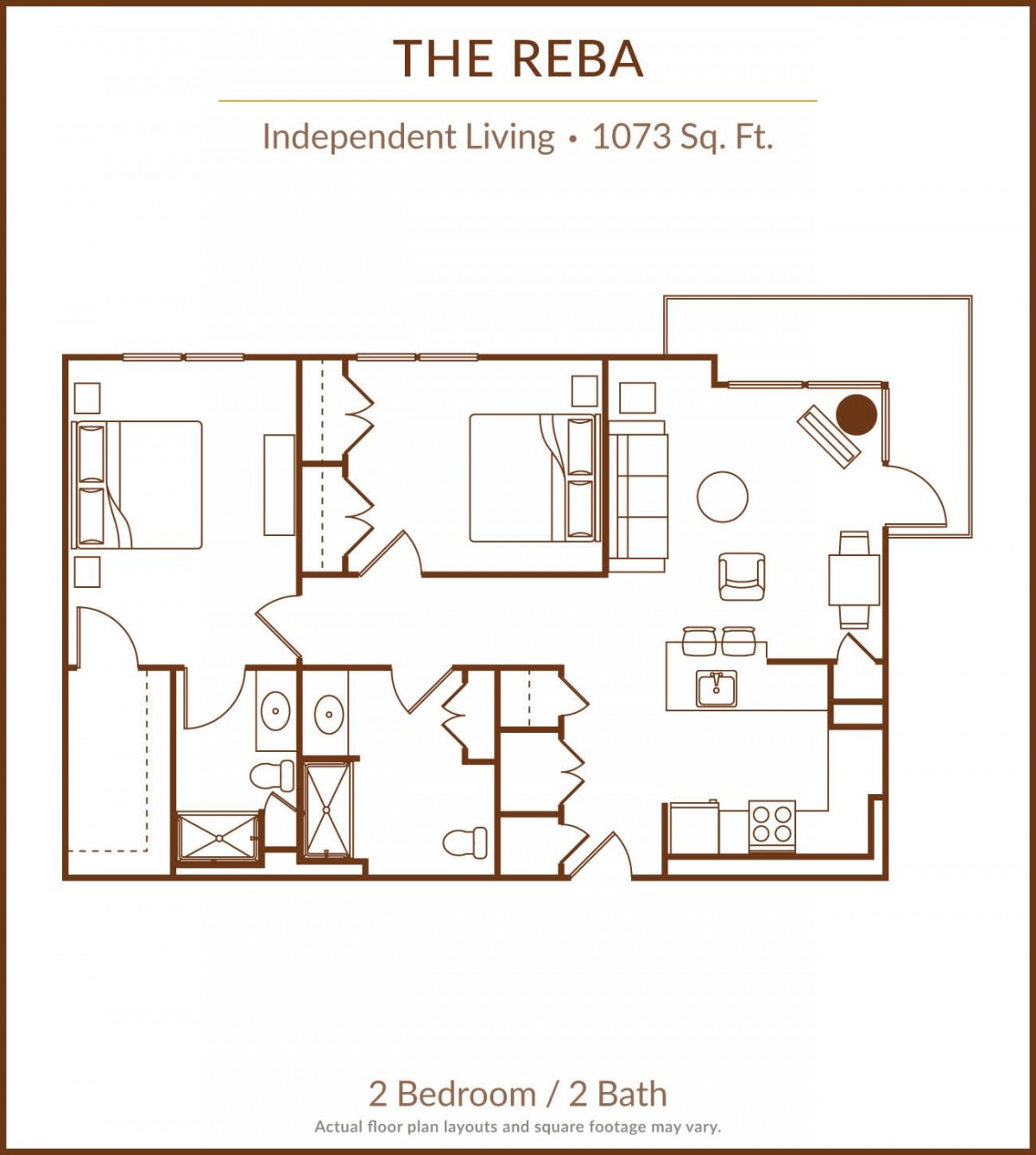 Floor plan of 'The Reba' - Independent Living with 1073 sq. ft., featuring 2 bedrooms and 1 bath.