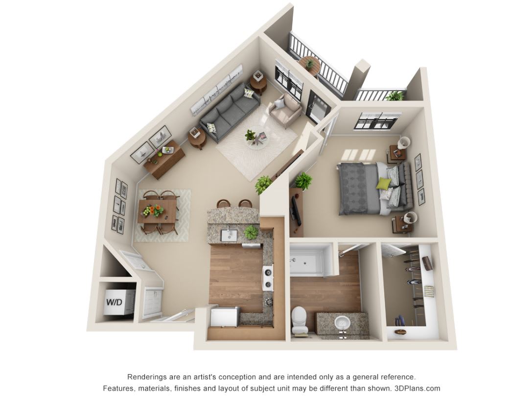 3D floor plan of a one-bedroom apartment showcasing the living room, kitchen, and bathroom layout.