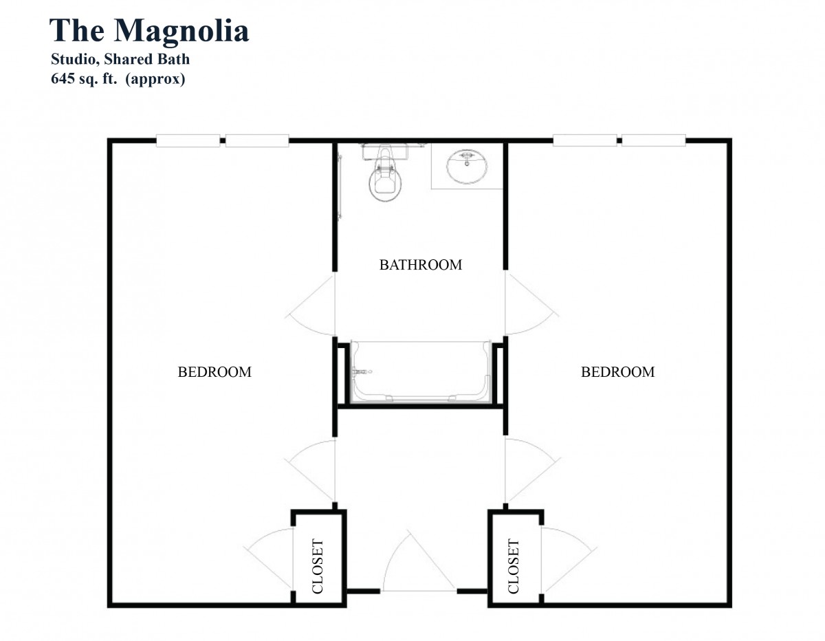 Floor plan of a two-bedroom apartment with shared bathroom.