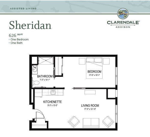 This image shows the floor plan for a one-bedroom apartment named Sheridan from Clarendale. It includes a living room, kitchen, bedroom, and bathroom.