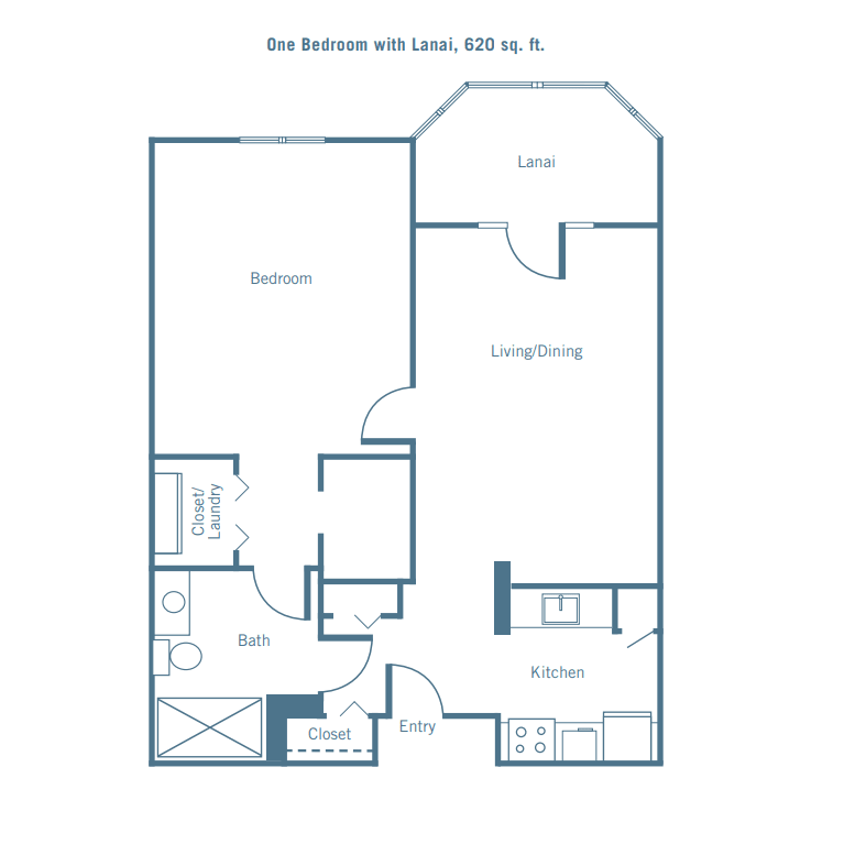 Floor plan of a one-bedroom apartment with an attached patio.