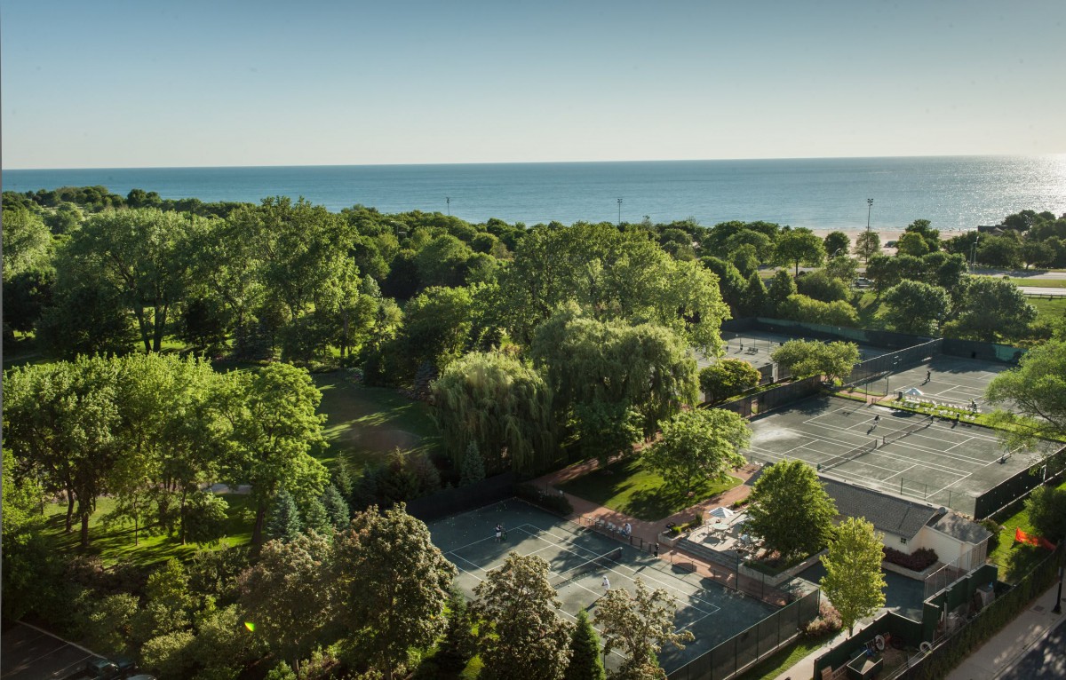 A scenic view of tennis courts nestled among lush green trees with a lake in the background.