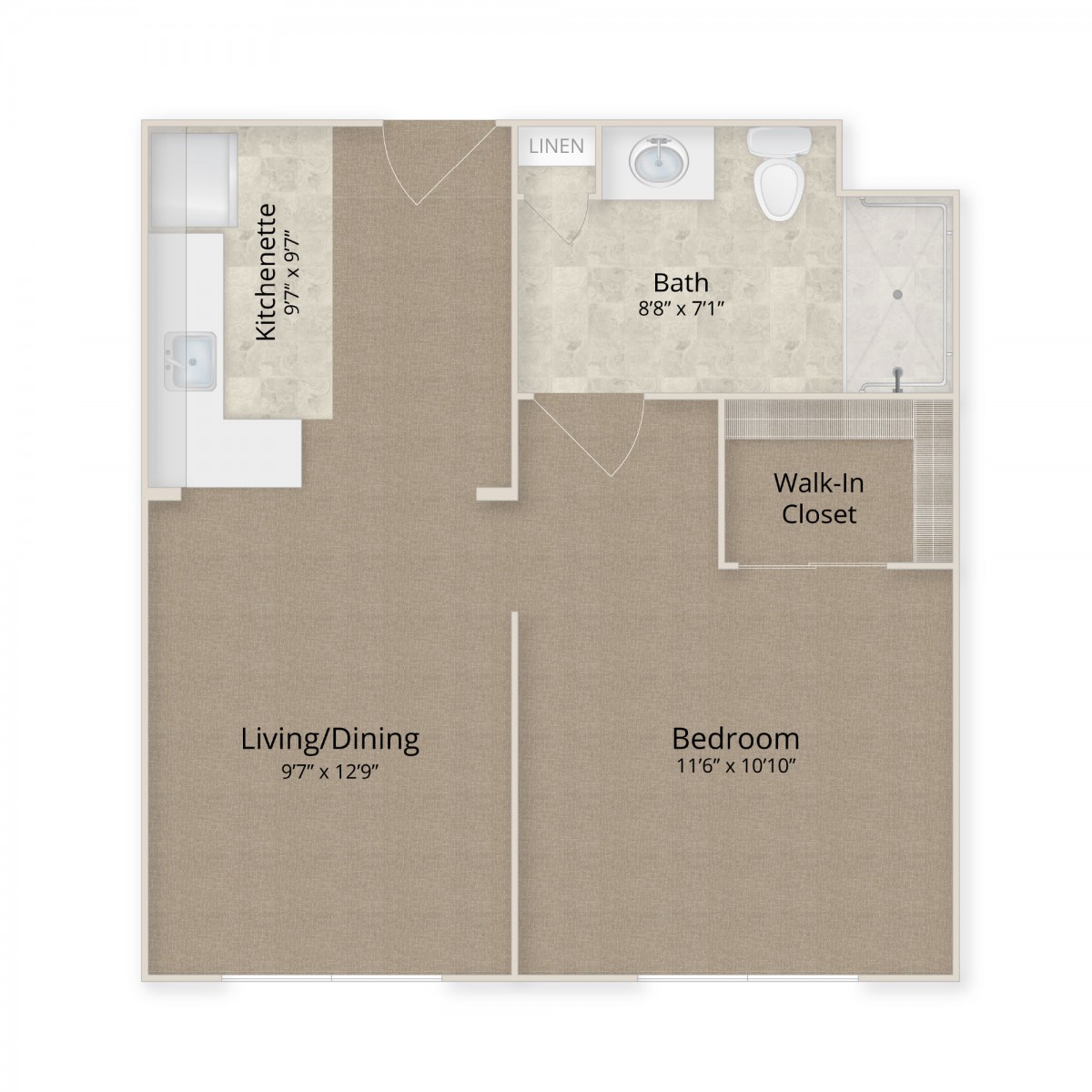 A floor plan of a one-bedroom apartment featuring a living room, kitchen, bathroom, and walk-in closet.
