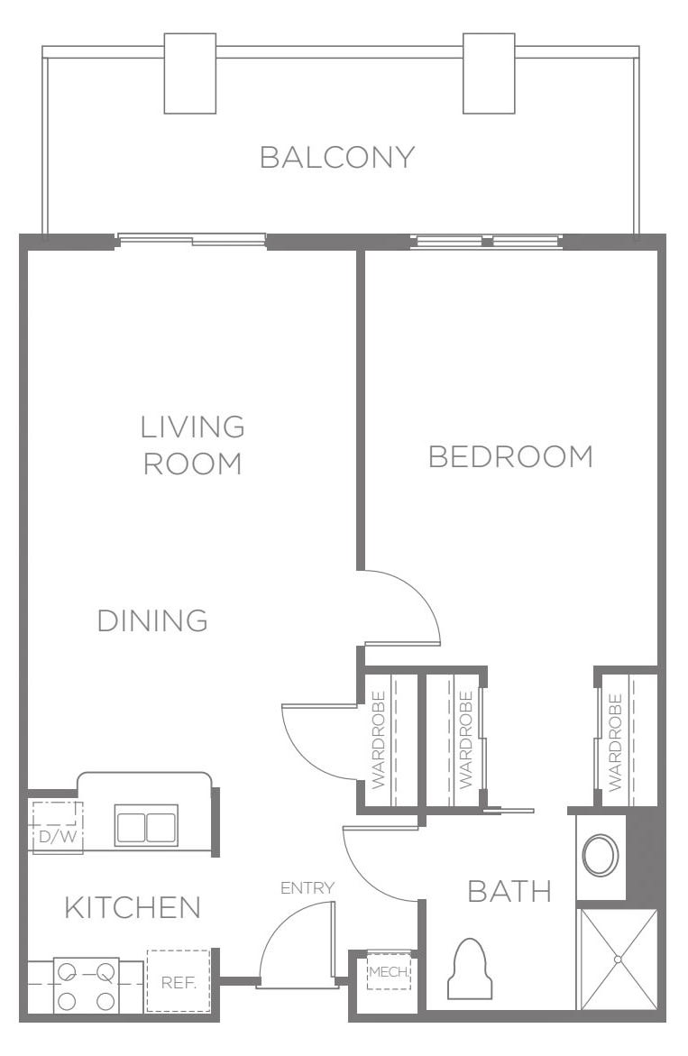 Simple floor plan showing a living room, dining area, and bedroom.