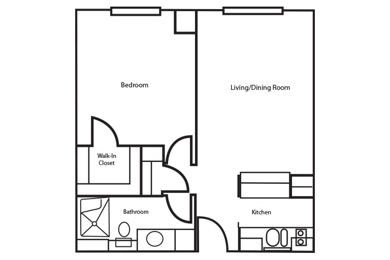 One-bedroom apartment floor plan with a living/dining room, kitchen, bathroom, and walk-in closet.