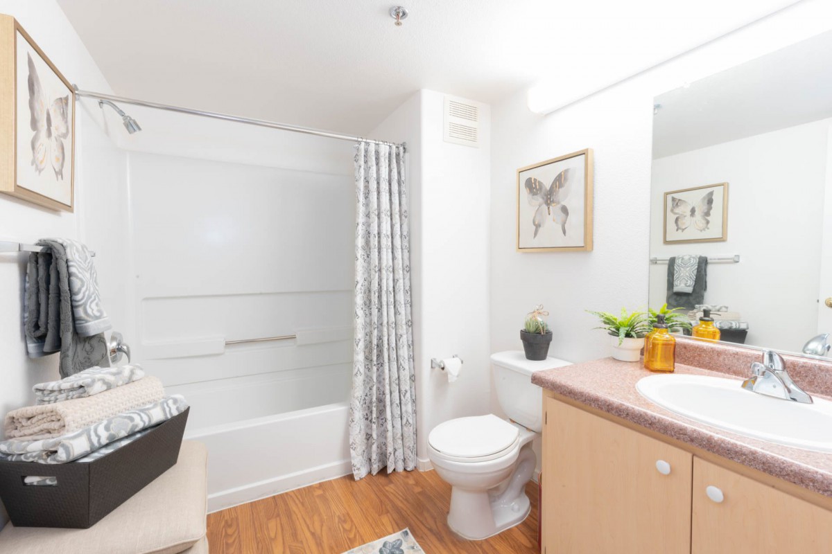 A modern bathroom with a shower, toilet, and sink, featuring stylish decor and wooden flooring.