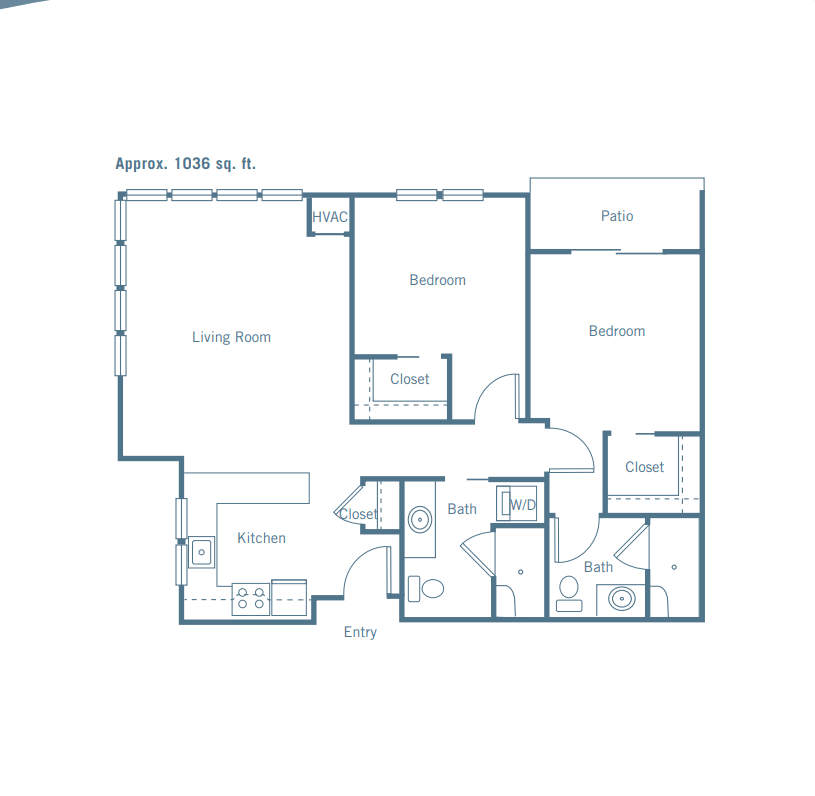 A detailed floor plan of a two-bedroom apartment with labeled rooms including a kitchen, living room, and bathroom.