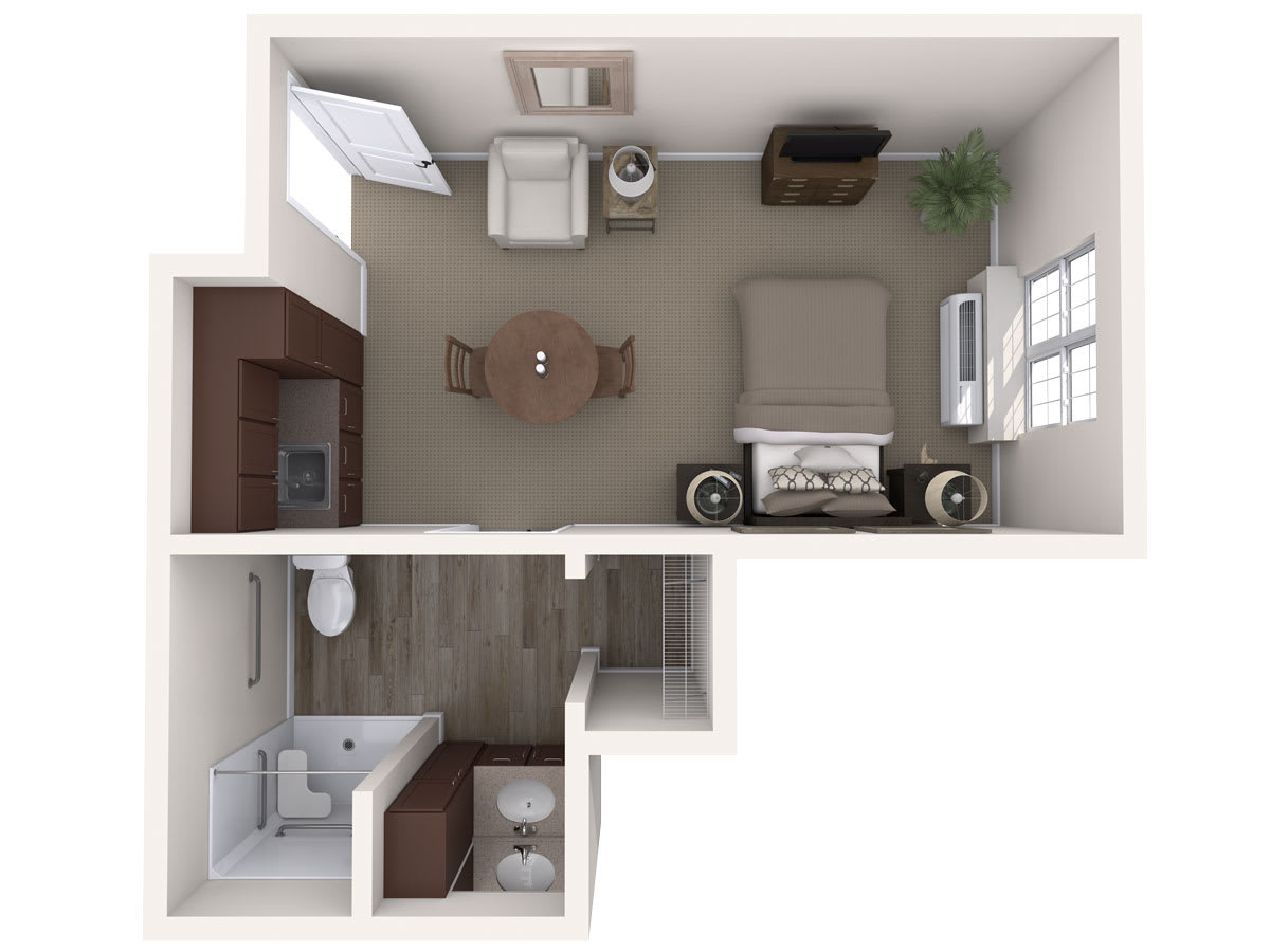 A compact studio apartment floor plan showcasing a combined living and bedroom area, a small dining space, a kitchenette, and an adjacent bathroom.