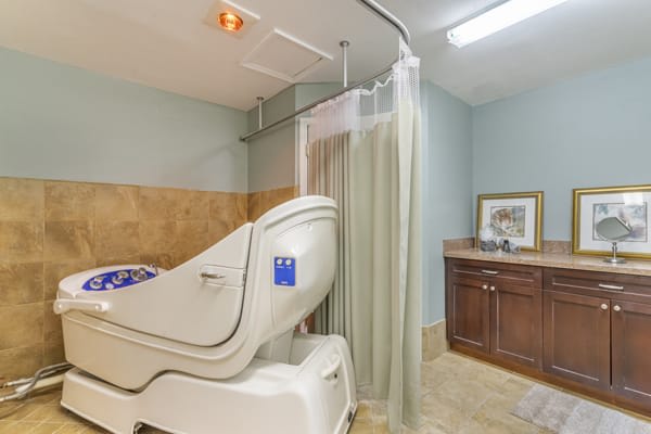 A bathroom featuring an accessible bathtub with a curtain and vanity.