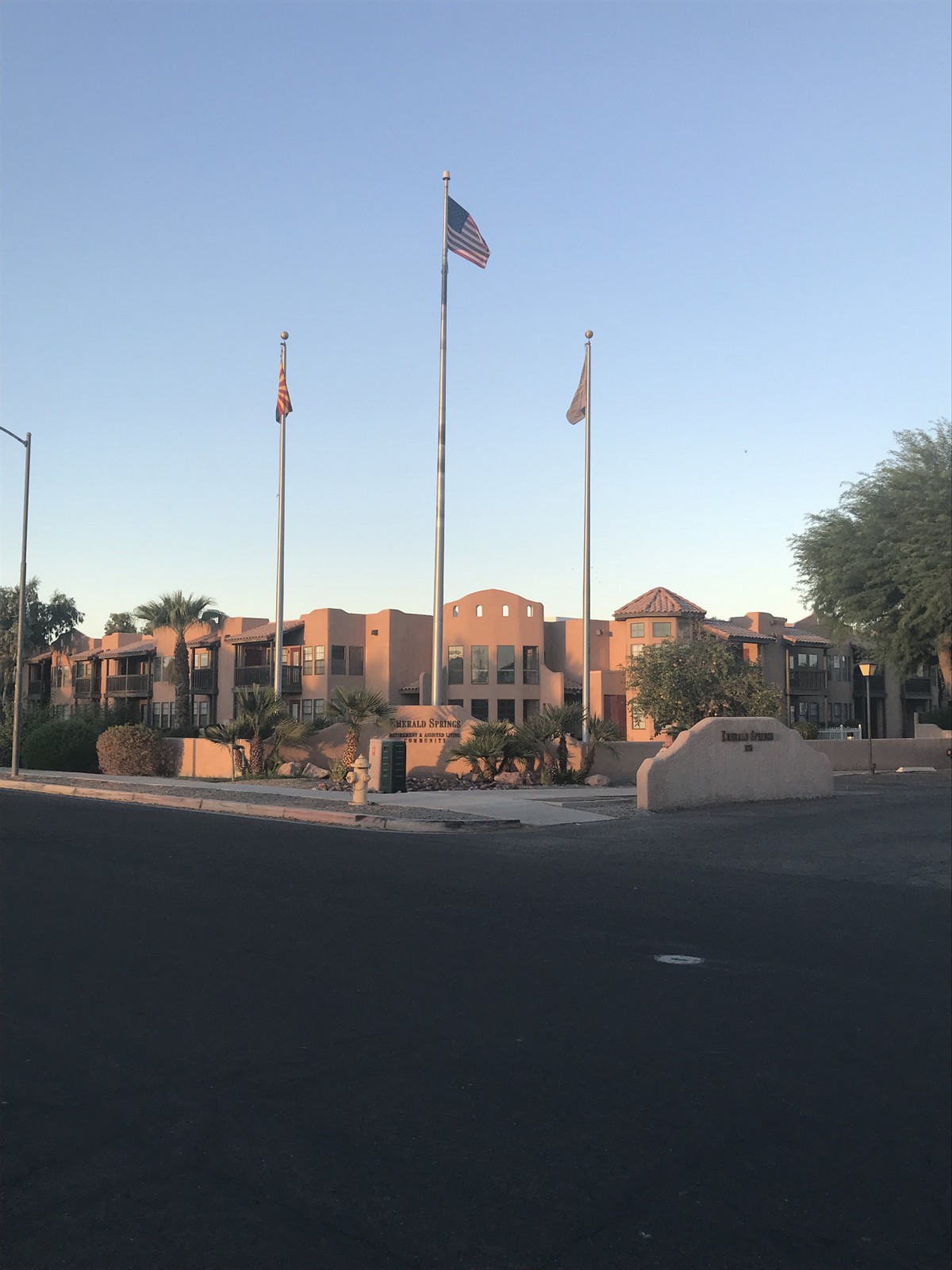 A building with flags displayed in front, set against a desert landscape with palm trees.