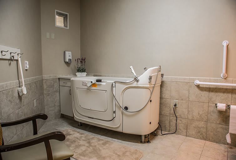An accessible bathtub with safety features in a healthcare bathroom setting.