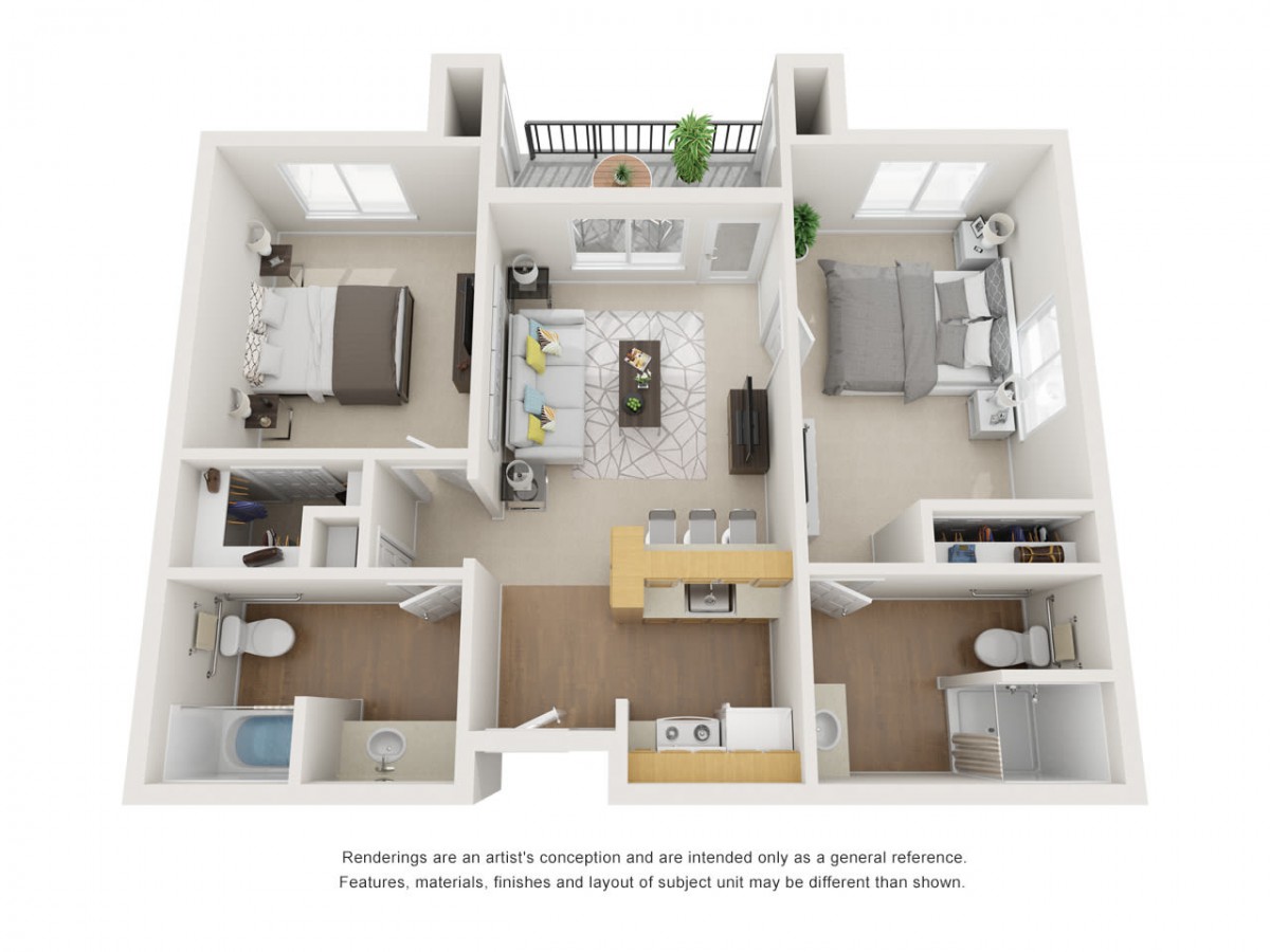 A 3D floor plan of a two-bedroom apartment featuring a spacious living room, kitchen, and two bathrooms.