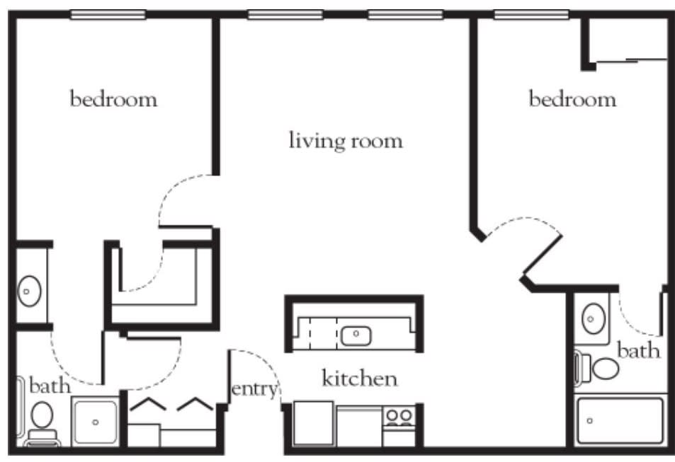 A detailed floor plan showing the layout of an apartment with a living room, bedroom, kitchen, entry, and bathroom.