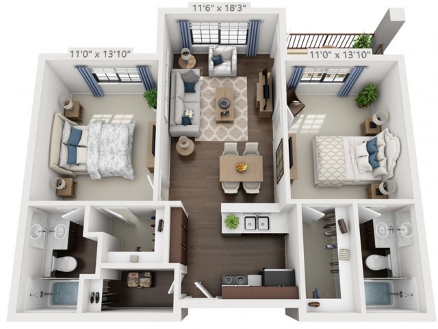 A 3D floor plan of a two-bedroom apartment featuring a living room, kitchen, dining area, and bathroom.