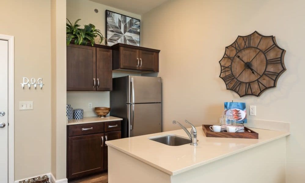 A modern kitchen with dark wood cabinets and stainless steel appliances.