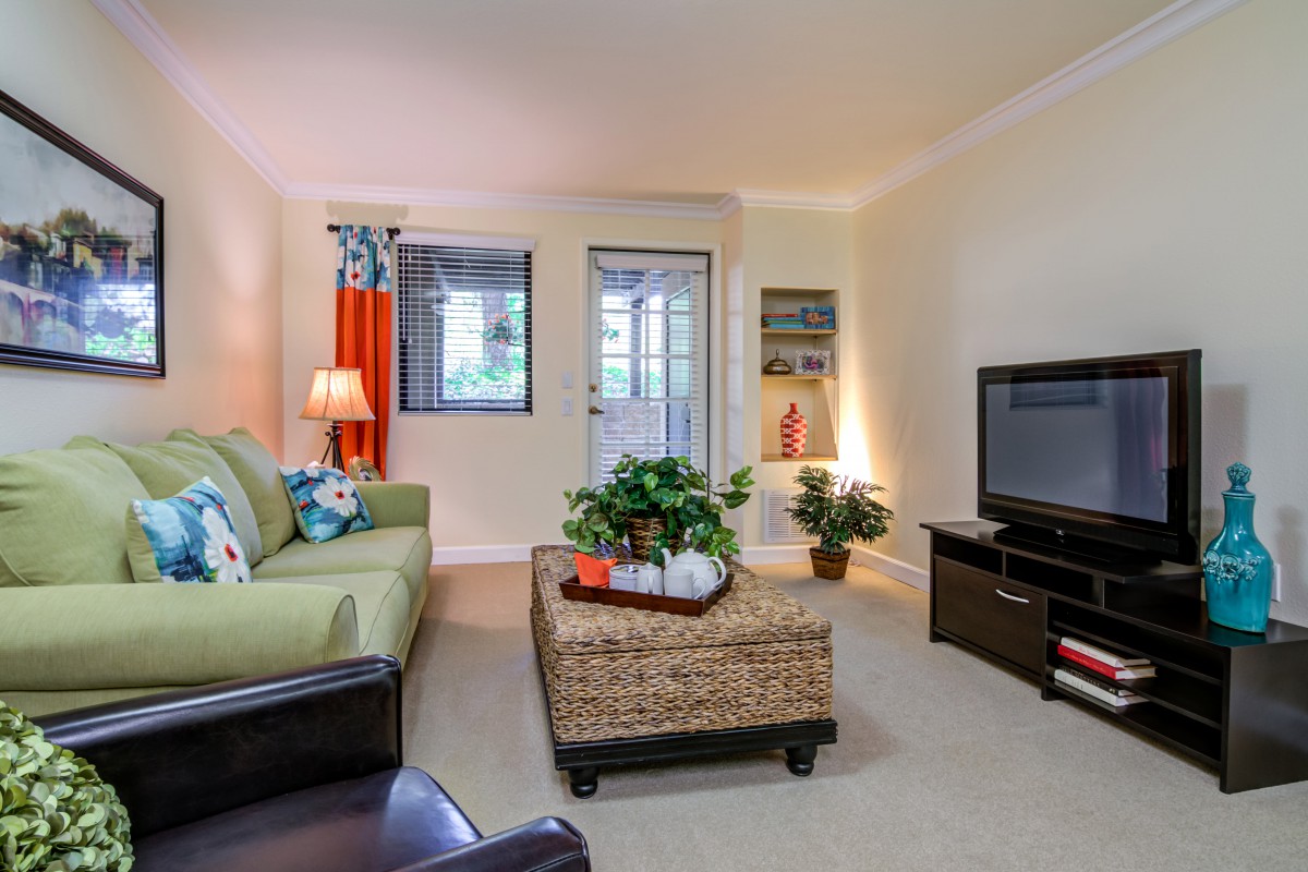 A cozy living room with a green sofa, a wicker coffee table, and a television, complemented by indoor plants and vibrant curtains.