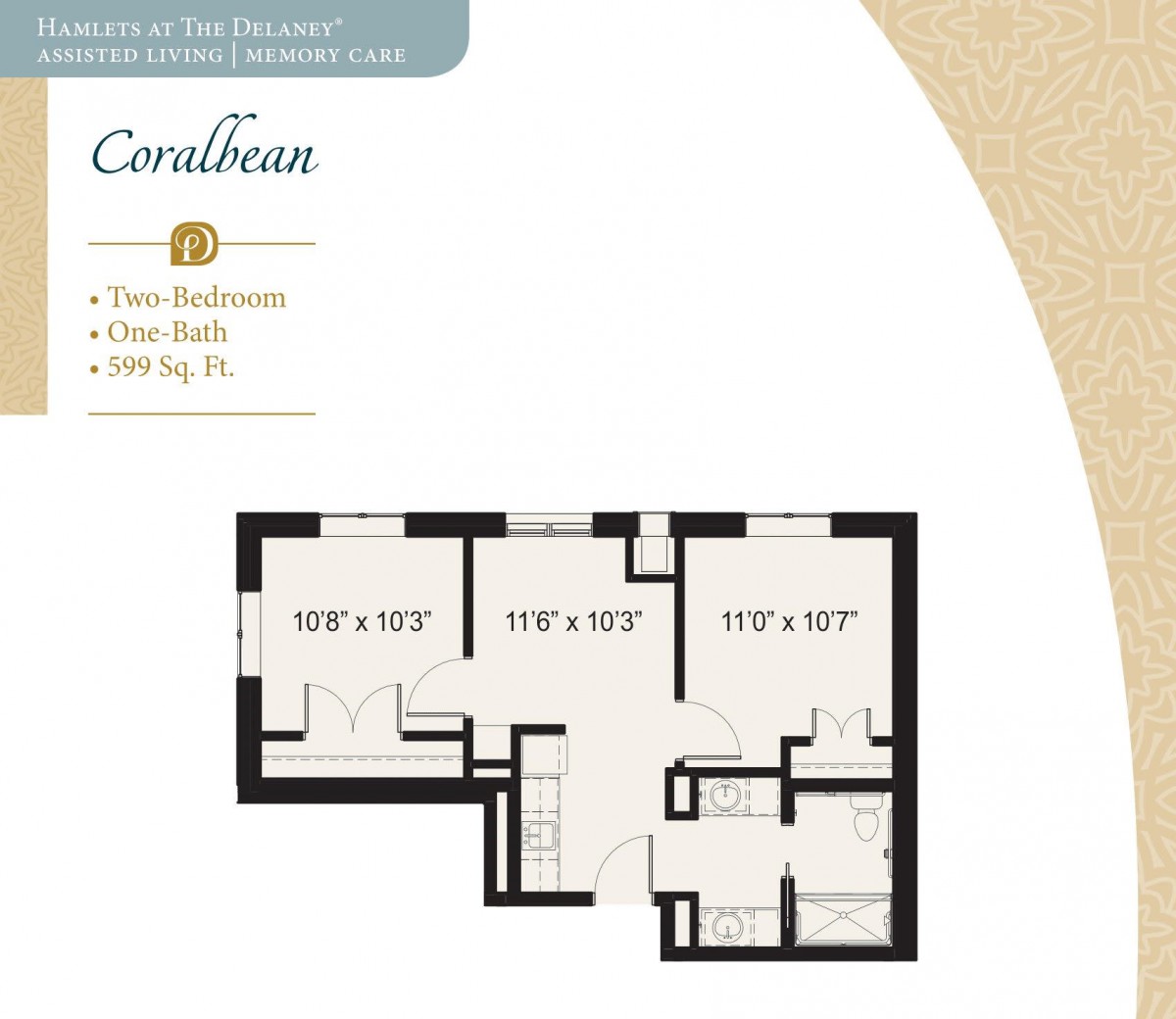 Two-bedroom, one-bath apartment floor plan named 'Caribbean', measuring 899 sq ft.