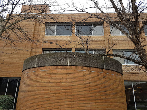 A close-up view of a circular brick structure with windows overhead, set against the backdrop of bare tree branches.