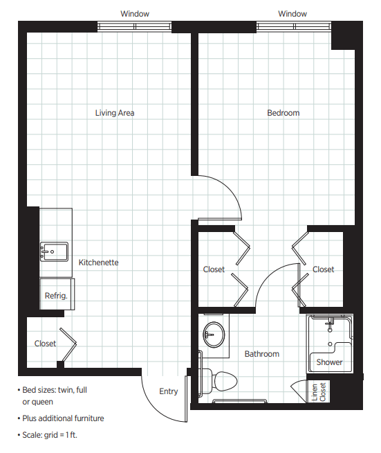 A one-bedroom apartment floor plan featuring a living area, kitchen, bedroom, and bathroom.