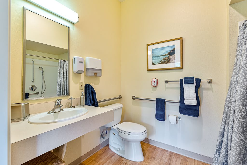 A handicap accessible bathroom with a sink, toilet, and grab bars.