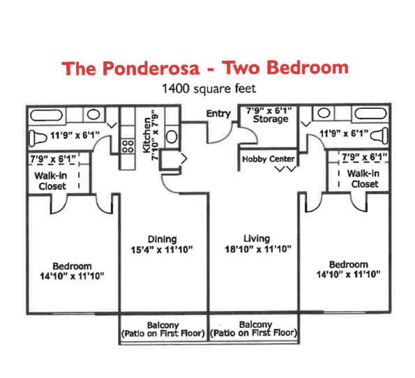 Floor plan of a two-bedroom apartment named 'The Ponderosa', measuring 1400 square feet.