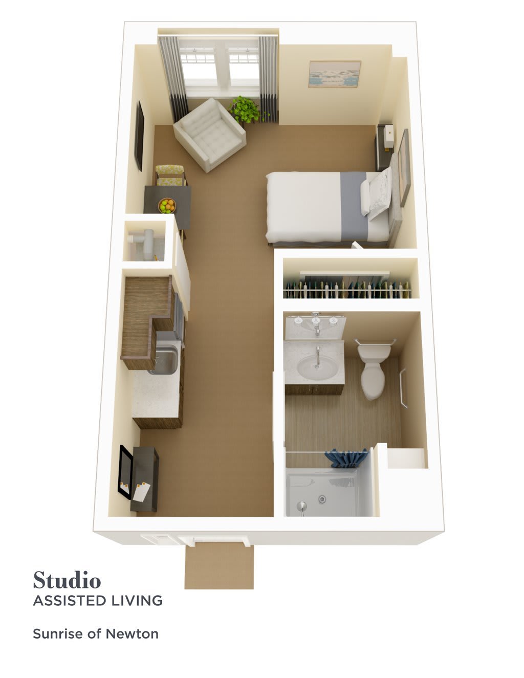 3D floor plan of a studio apartment with a bedroom, kitchenette, and bathroom.