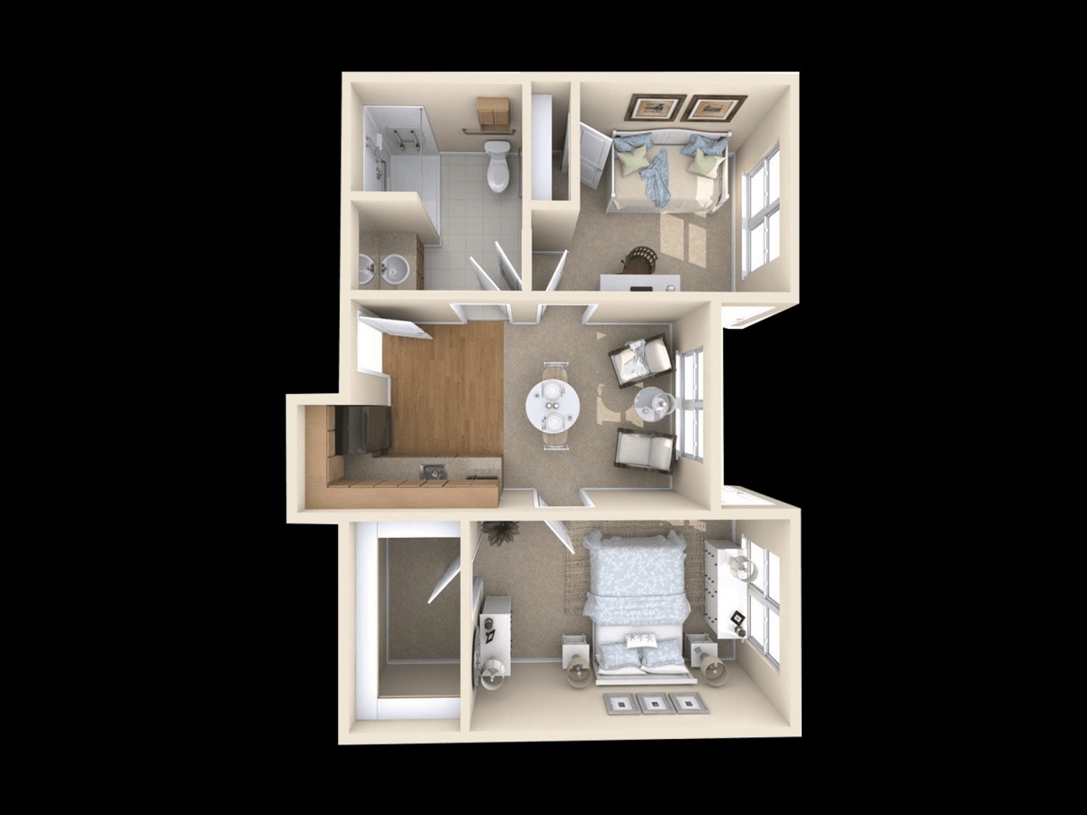 3D floor plan of a one-bedroom apartment, featuring a living room, kitchen, dining area, and bathroom.