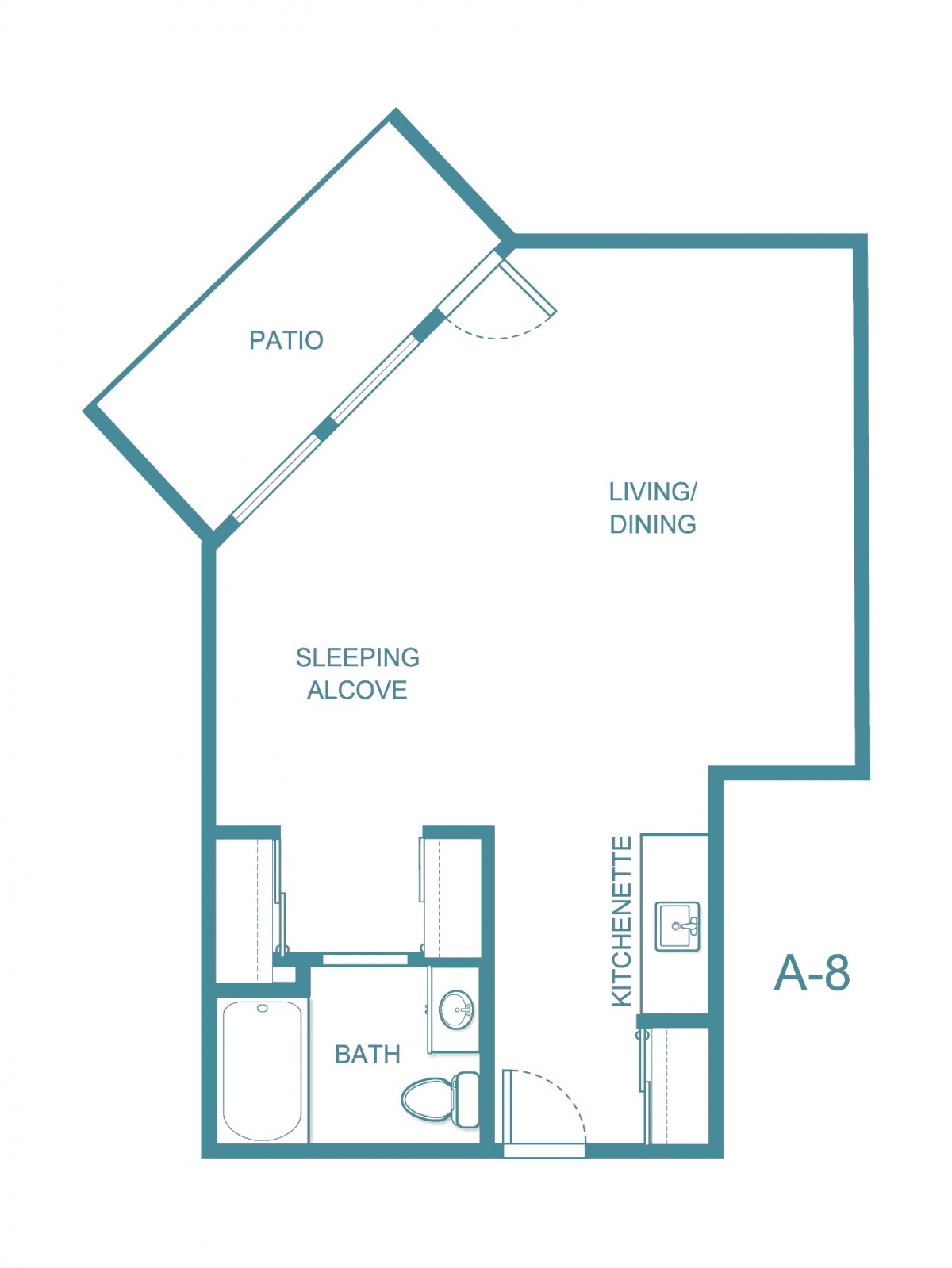 Studio apartment floor plan with living/dining area, sleeping alcove, bathroom, kitchen, and patio.