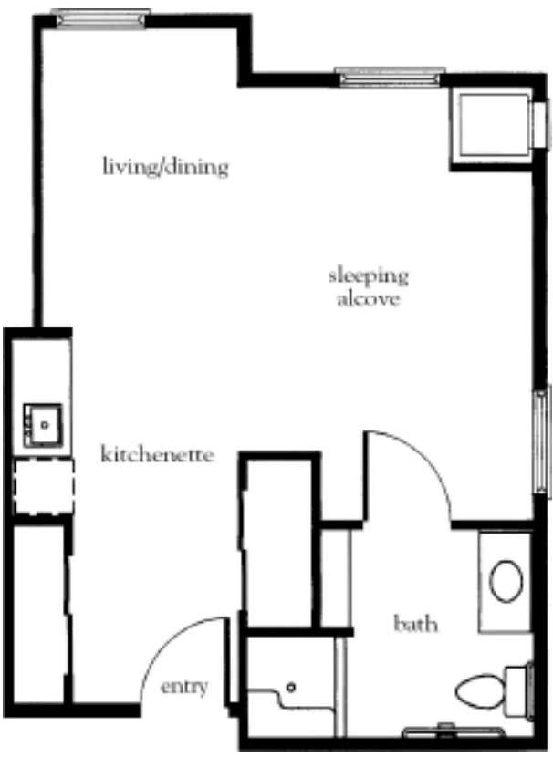 Floor plan of a studio apartment with kitchenette, living area, sleeping alcove, and bath.