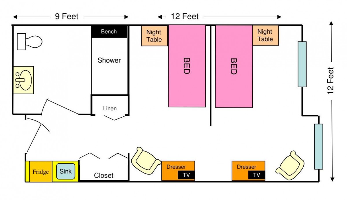 Floor plan of a bedroom with twin beds, night tables, dressers, and an adjacent bathroom.
