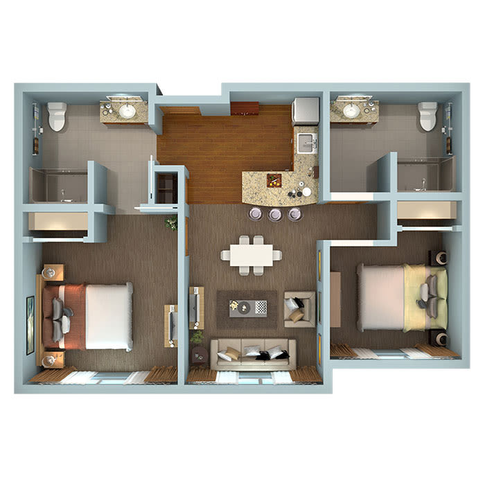 A modern floor plan of a two-bedroom apartment with an open-concept living and dining area.