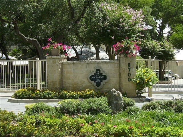 A landscaped garden with a wall and gate, surrounded by lush greenery and trees.