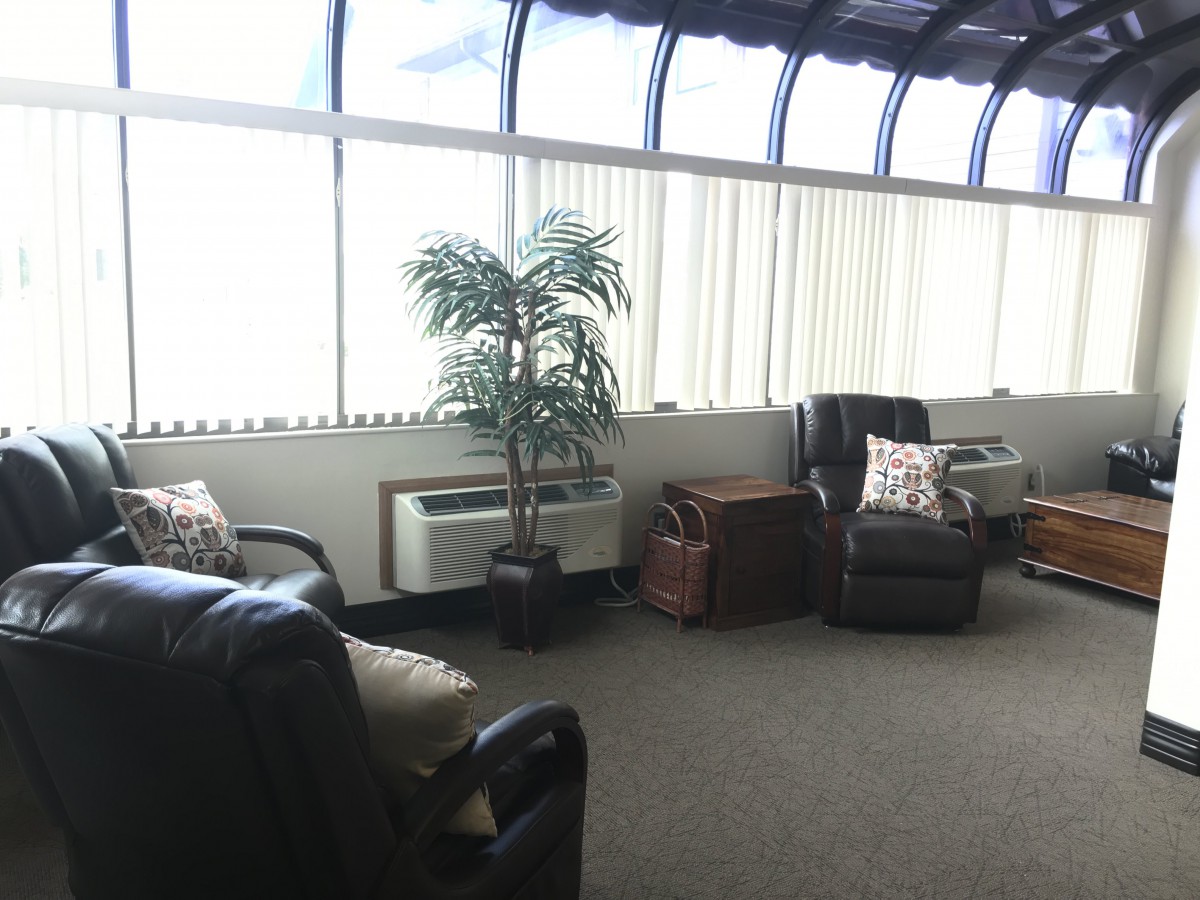 A cozy waiting room with armchairs and large windows letting in natural light.